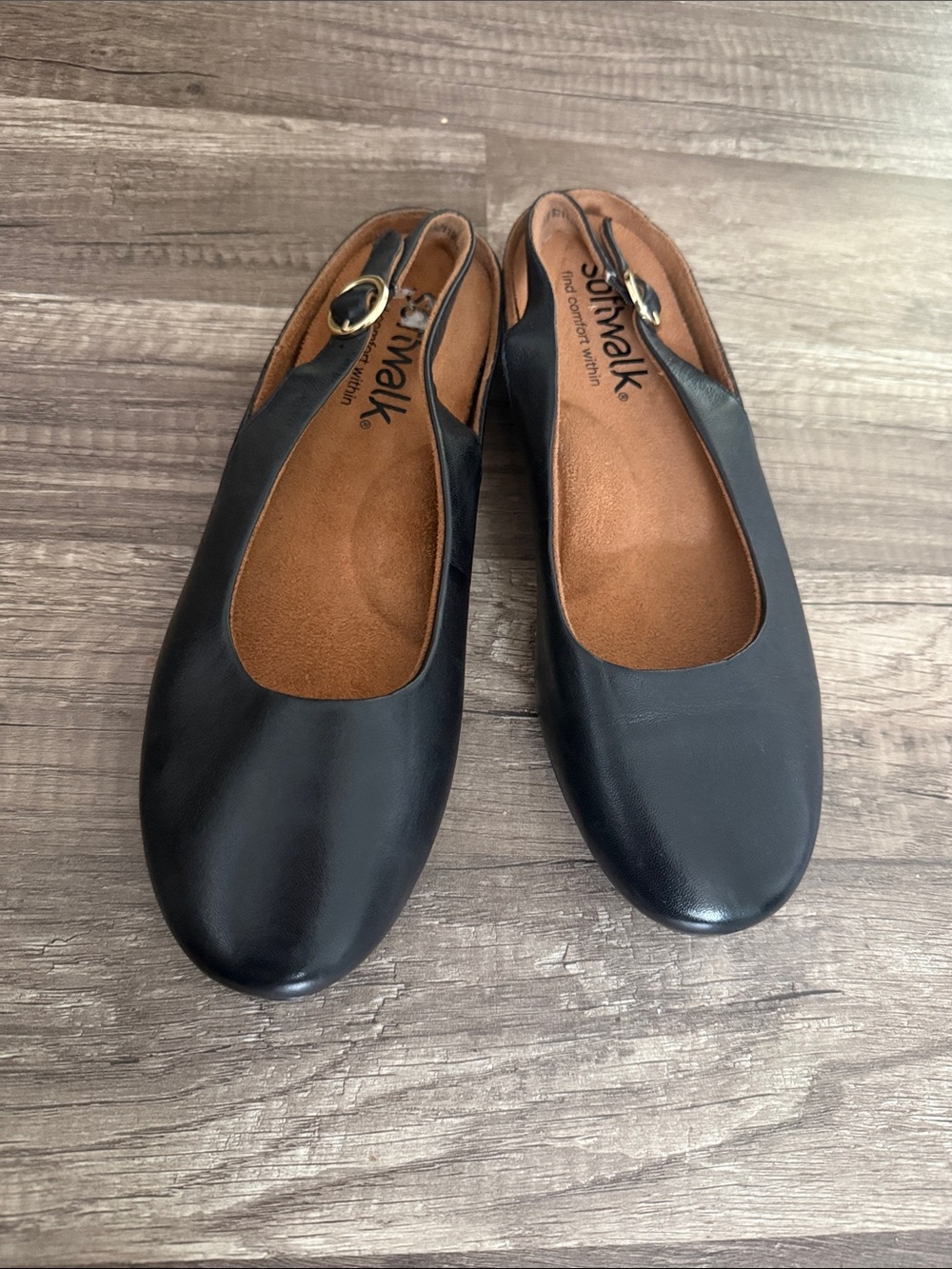 SoftWalk Black Leather Slingback Flats with Buckle
